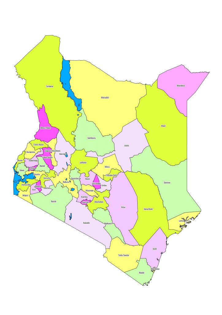 Kenya Map_County names & multicolor